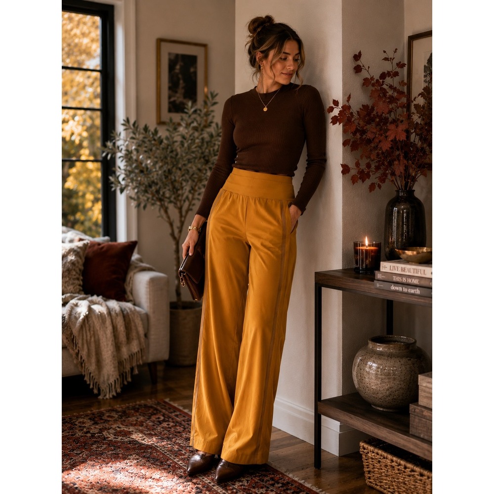 Athleta Wide Leg Trouser Pants Women's 8 Tall Mustard Gold Pull On Stretch